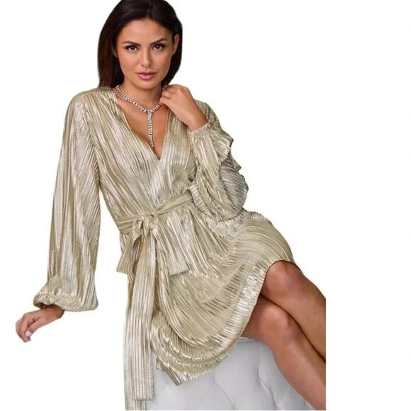 BOSTON PROPER Metallic Pleated Long Sleeve Dress Size M - Picture 1 of 12